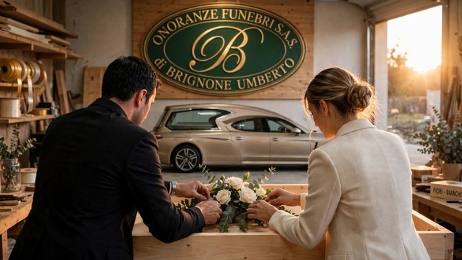 Umberto e Beatrice Brignone al lavoro, con l'insegna e l'autofunebre