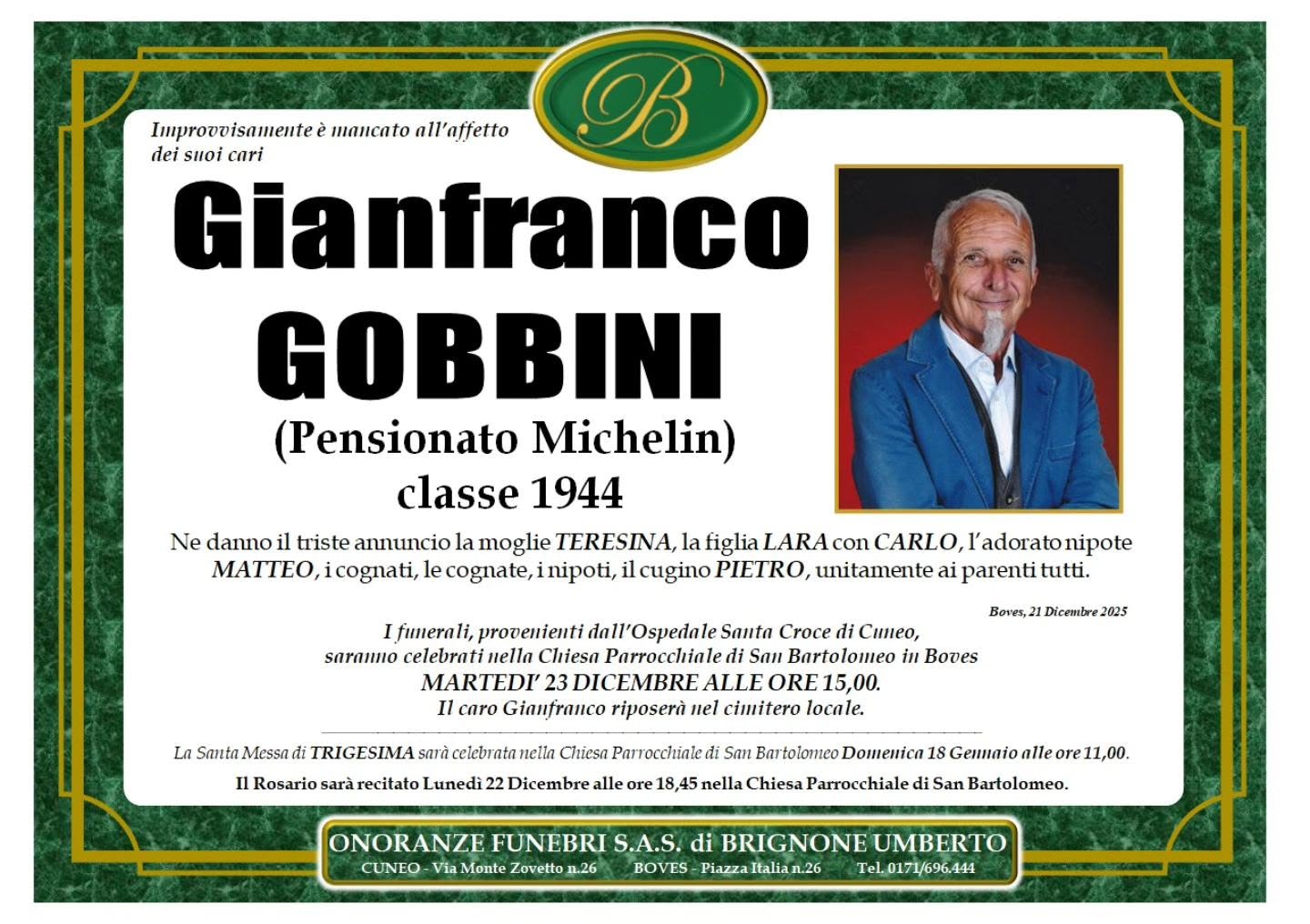 Manifesto funebre di Gianfranco Gobbini