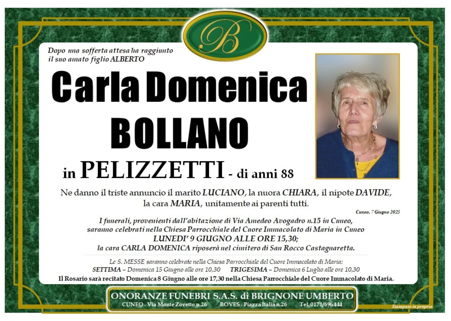 Manifesto funebre di Carla Domenica Bollano