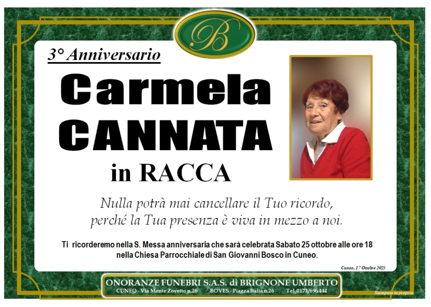 Manifesto funebre di Carmela Cannata