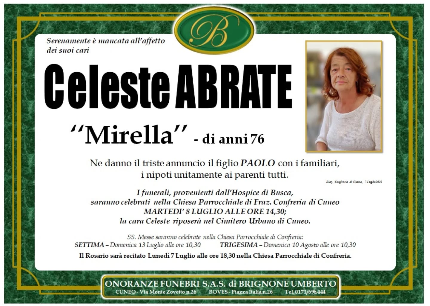 Manifesto funebre di Celeste Abrate