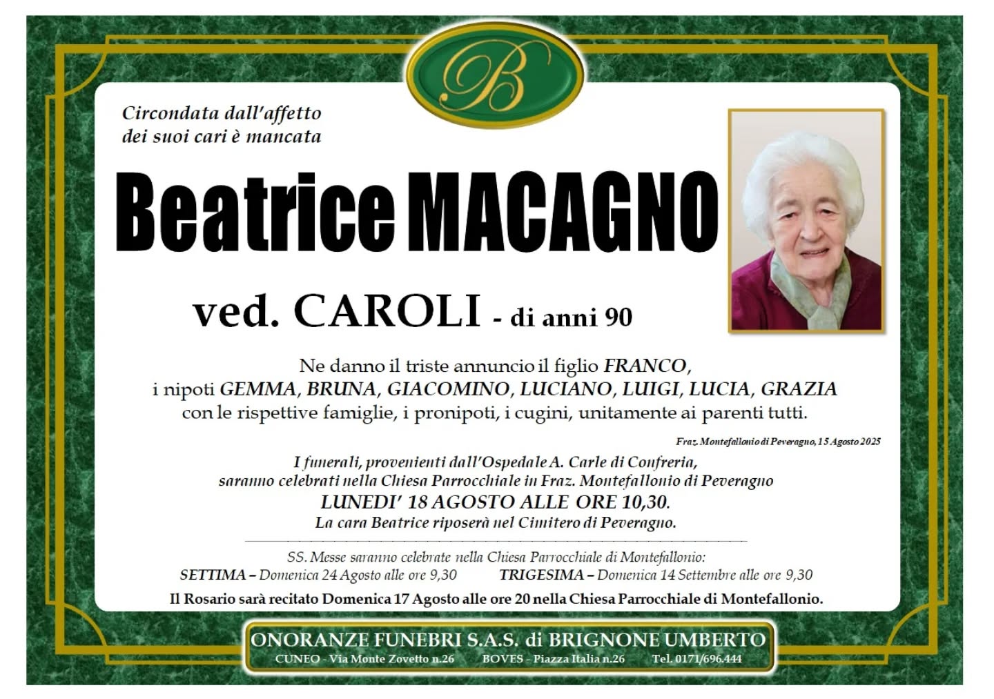 Manifesto funebre di Beatrice Macagno Caroli
