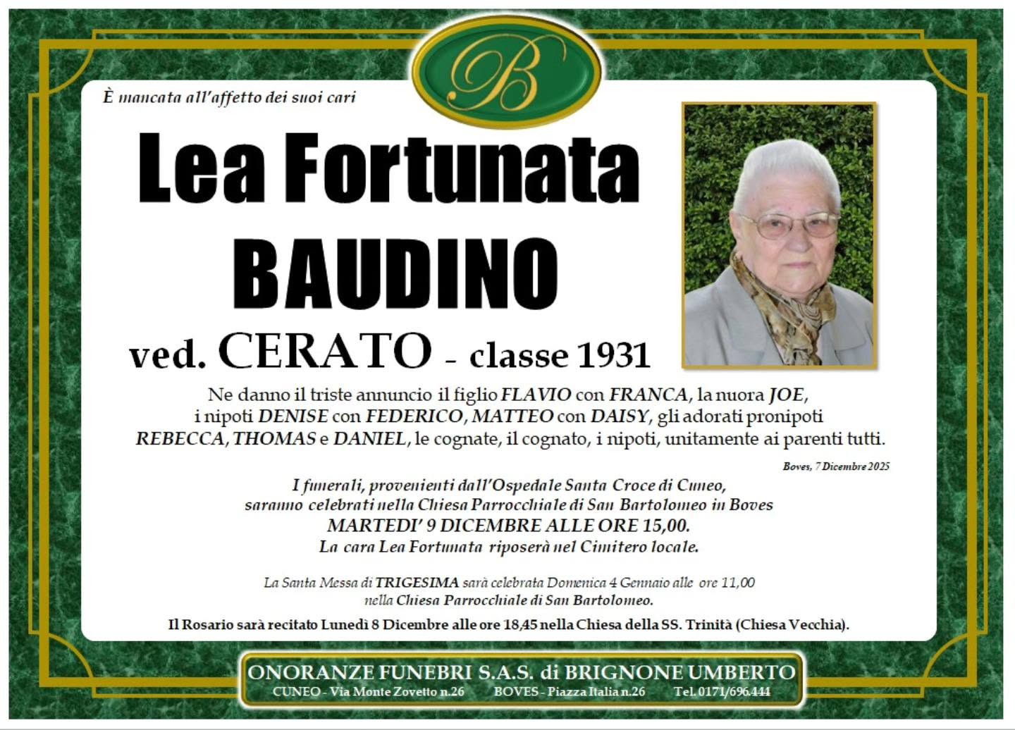 Manifesto funebre di Lea Fortunata Baudino