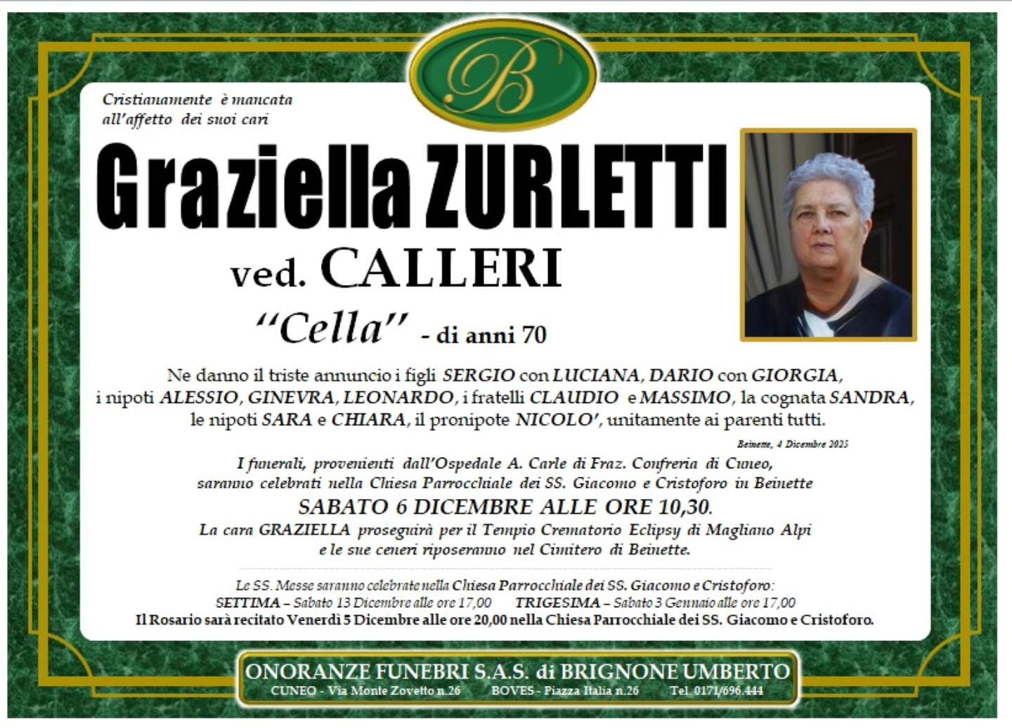 Manifesto funebre di Graziella Zurletti Calleri