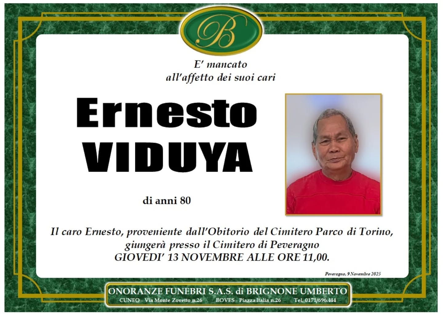Manifesto funebre di Ernesto Viduya