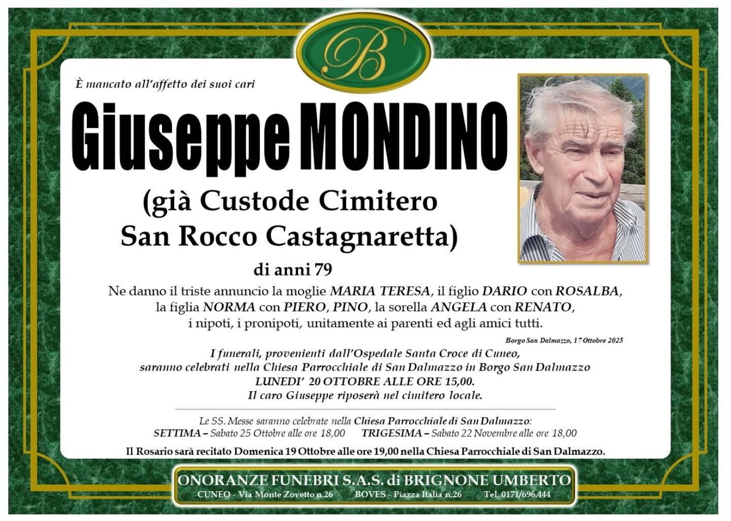 Manifesto funebre di Giuseppe Mondino