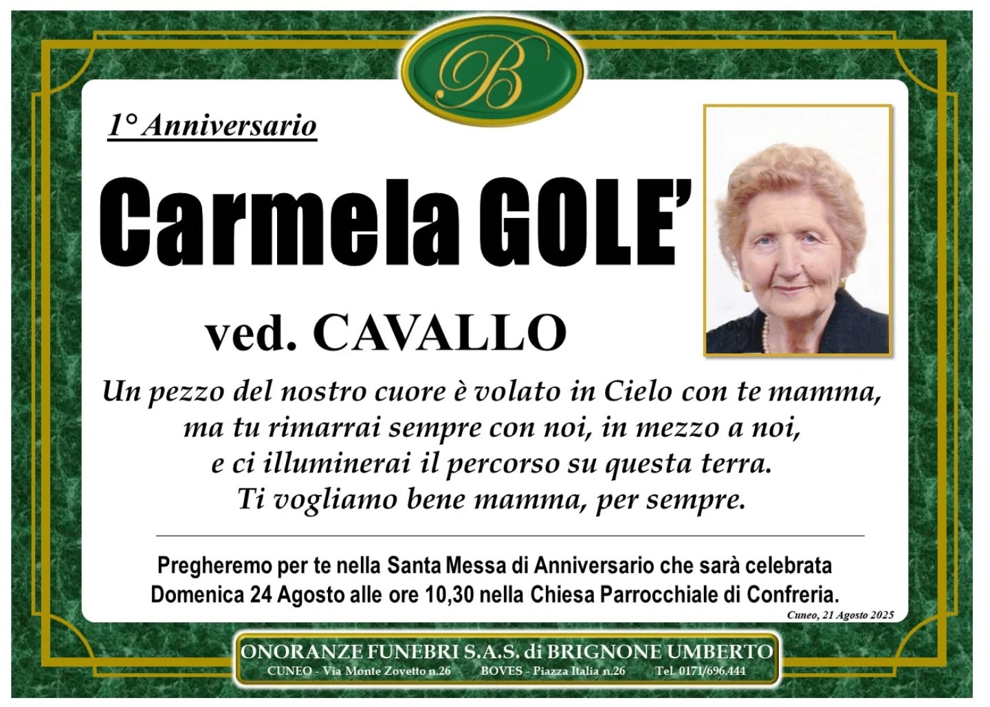 Manifesto funebre di Carmela Gole