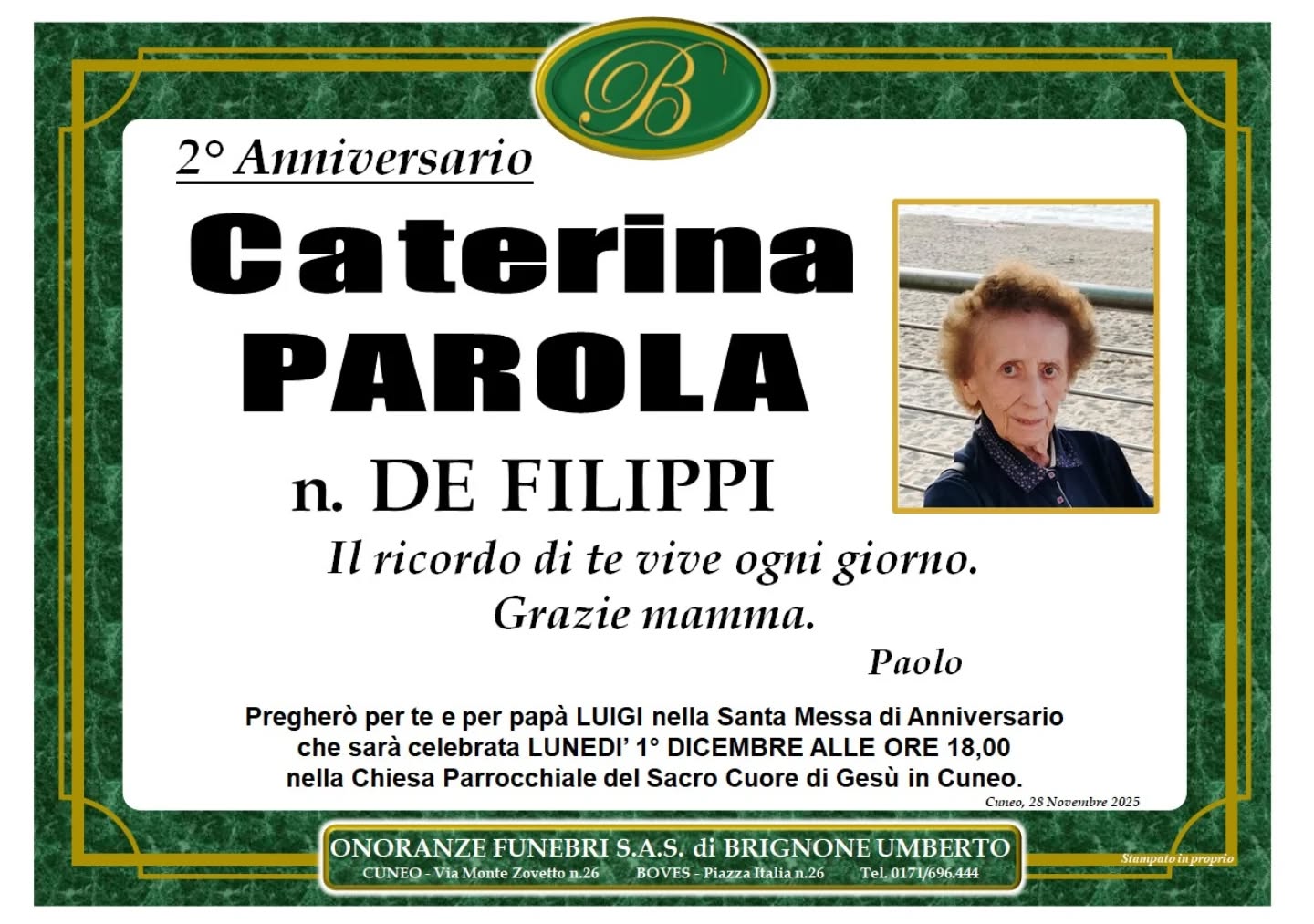 Manifesto funebre di Caterina Parola
