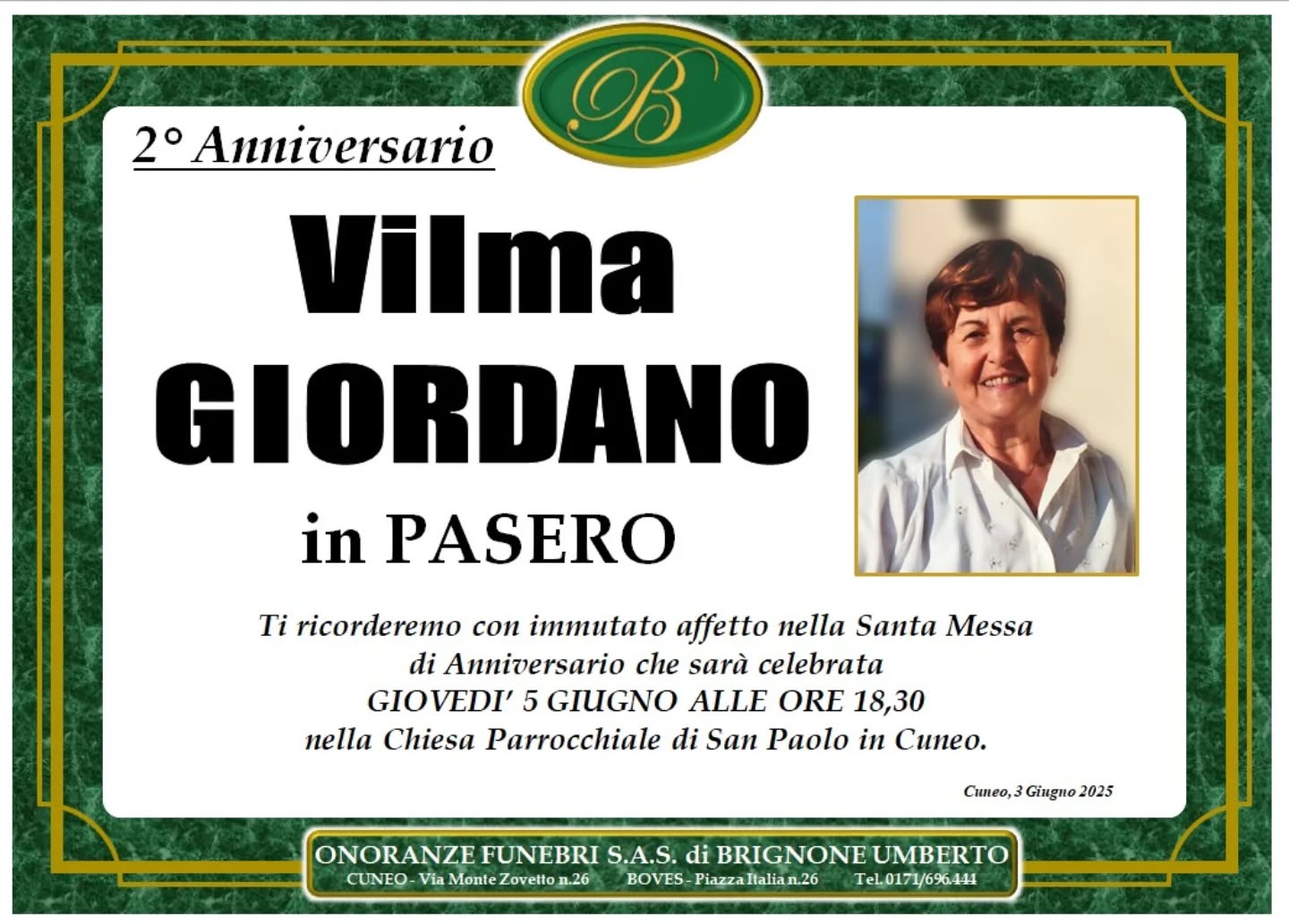 Manifesto funebre di Vilma Giordano