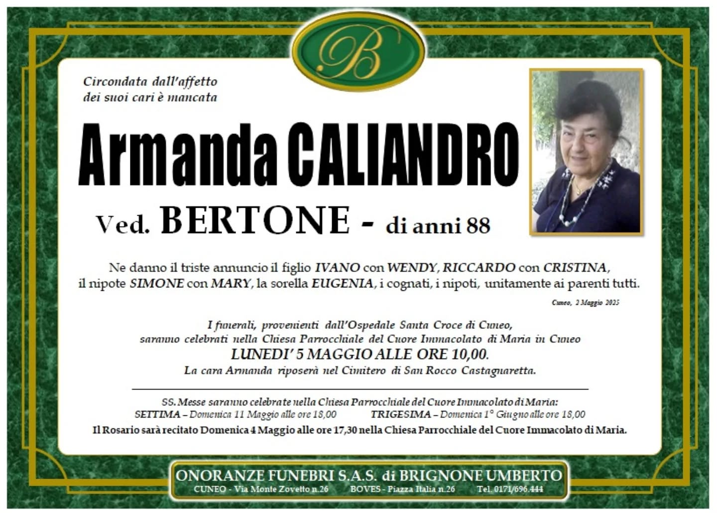 Manifesto funebre di Armanda Caliandro Bertone