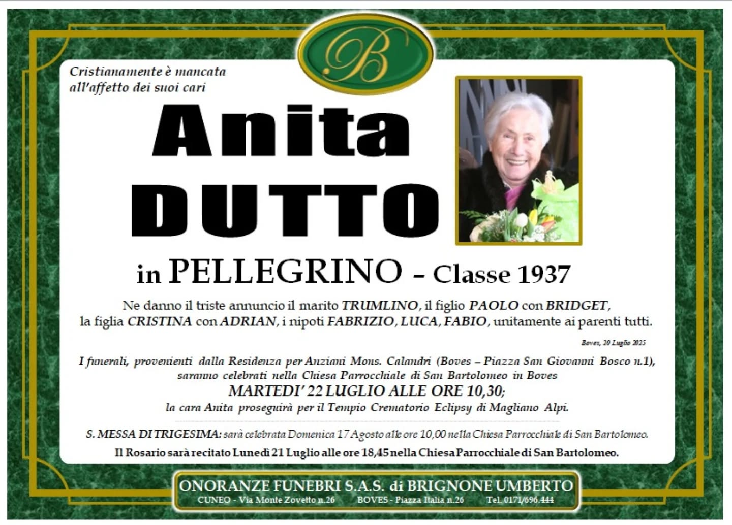 Manifesto funebre di Anita Dutto