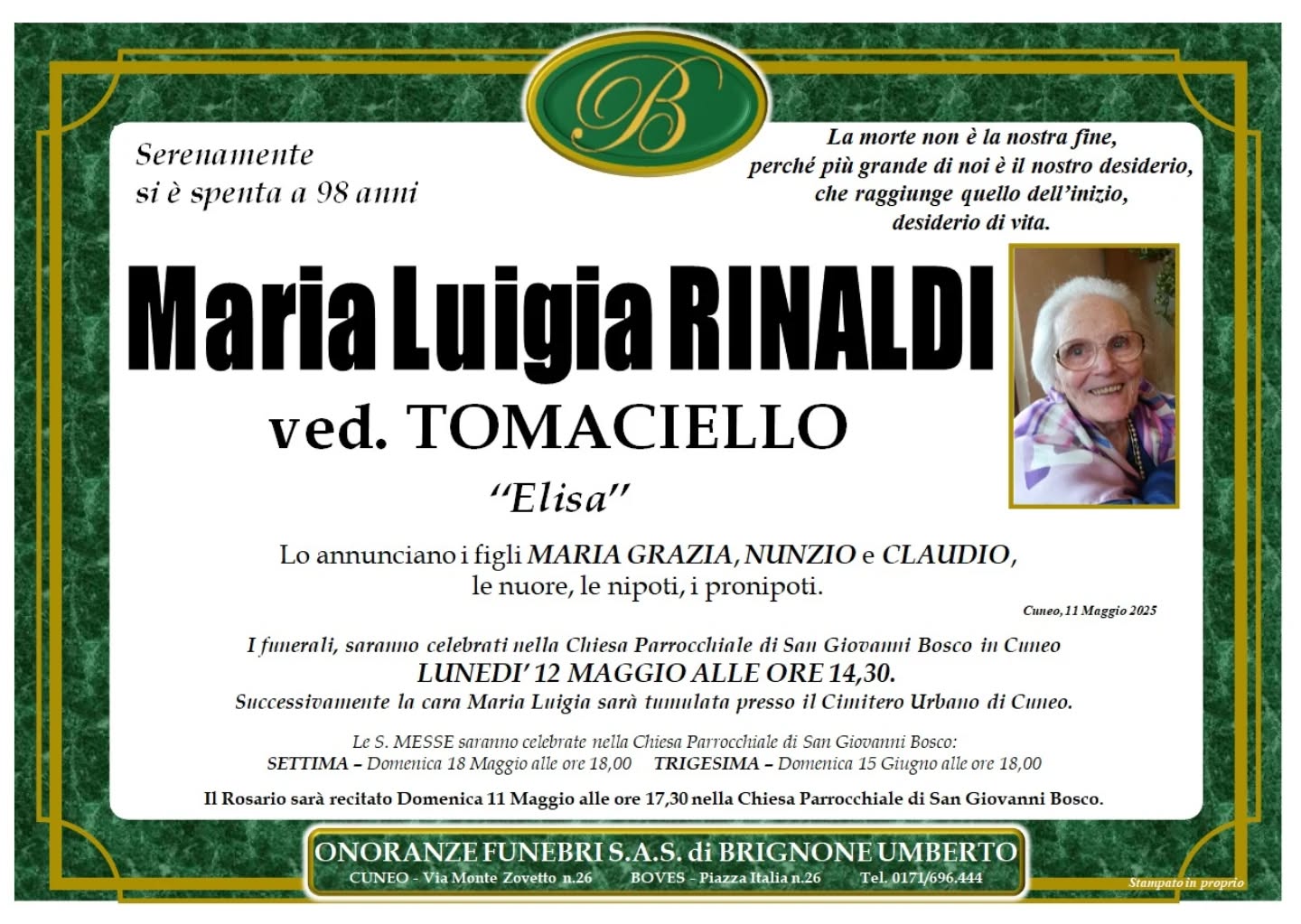 Manifesto funebre di Maria Luigia Rinaldi Tomaciello