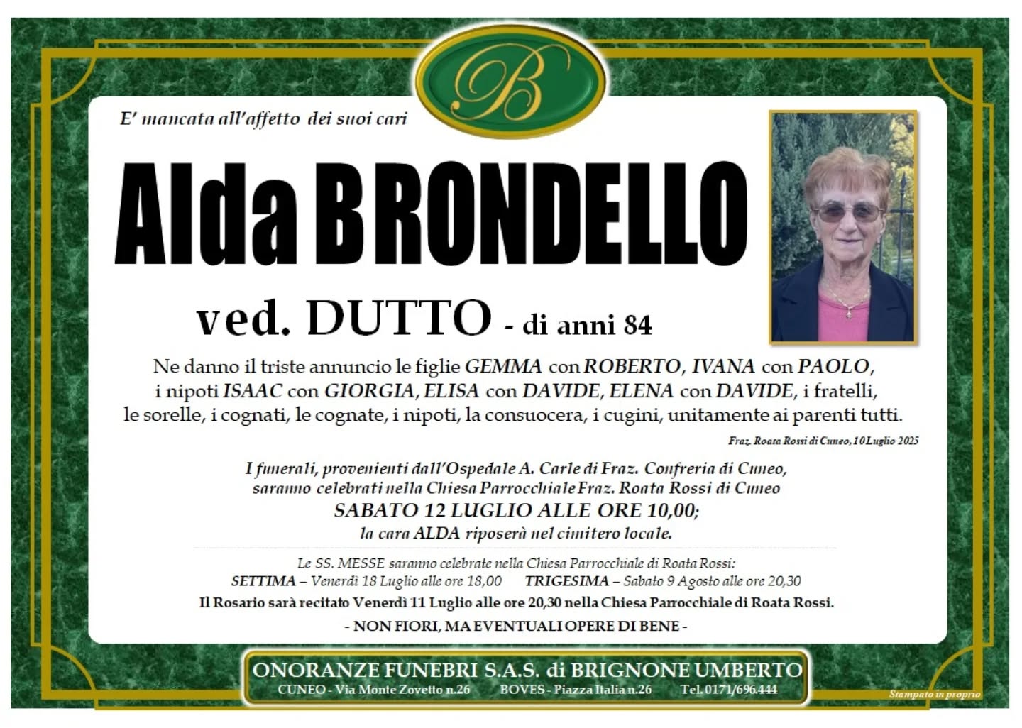 Manifesto funebre di Alda Brondello Dutto