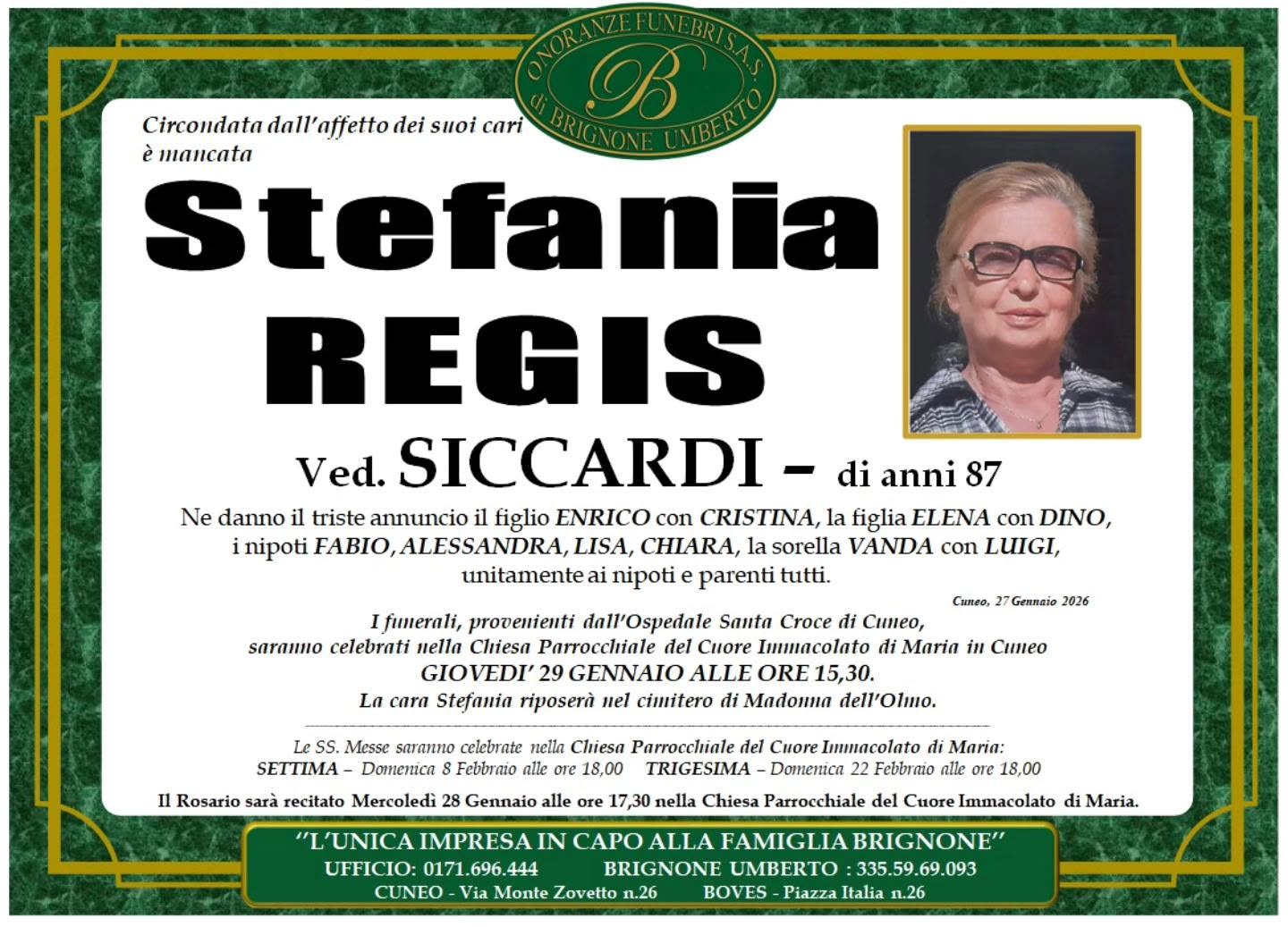 Manifesto funebre di Stefania Regis
