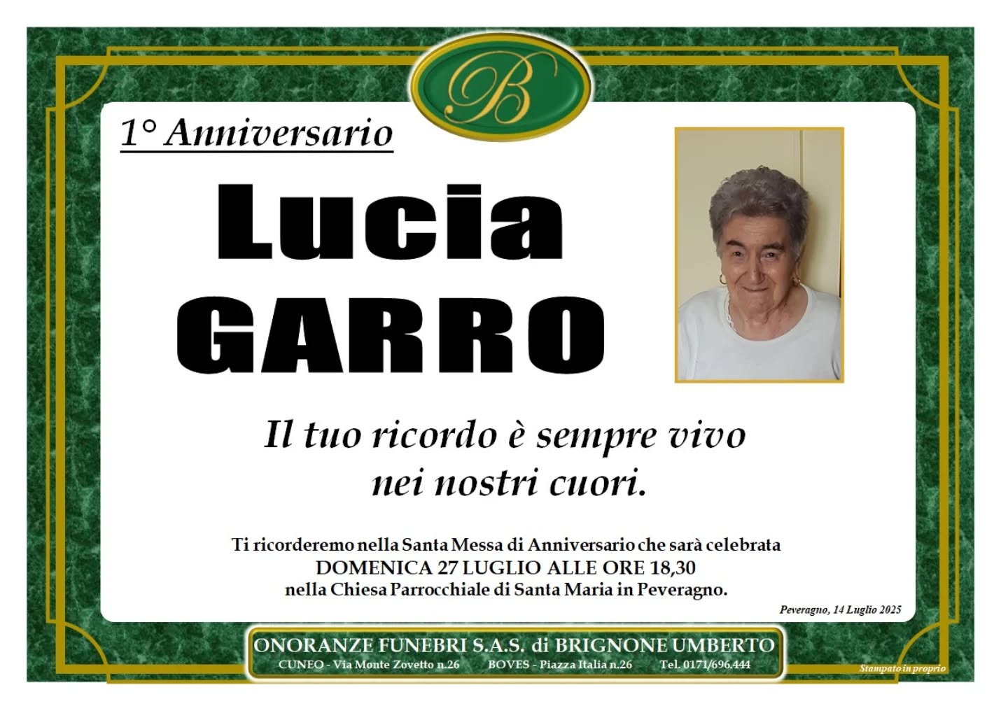 Manifesto funebre di Lucia Garro
