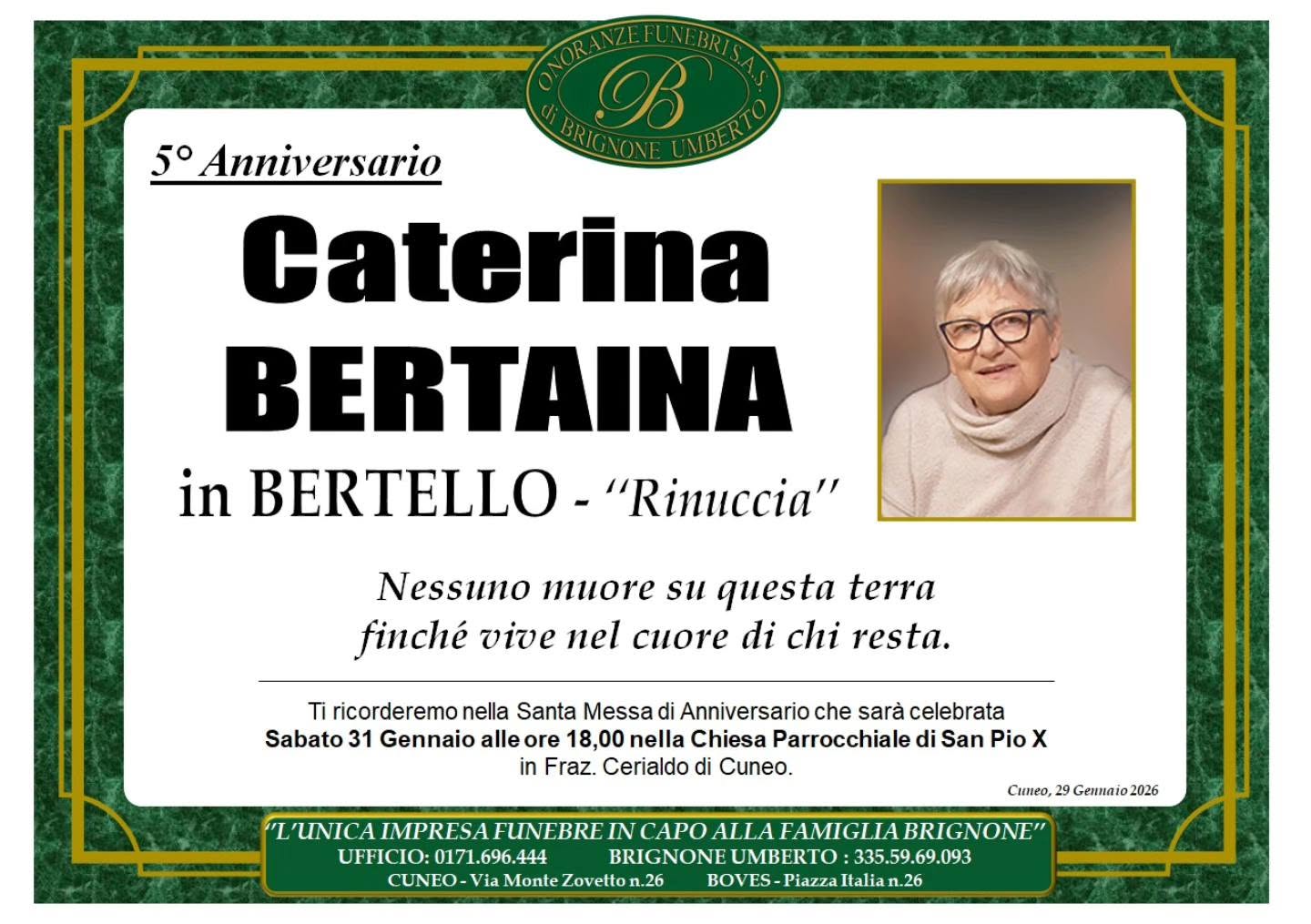 Manifesto funebre di Caterina Bertaina