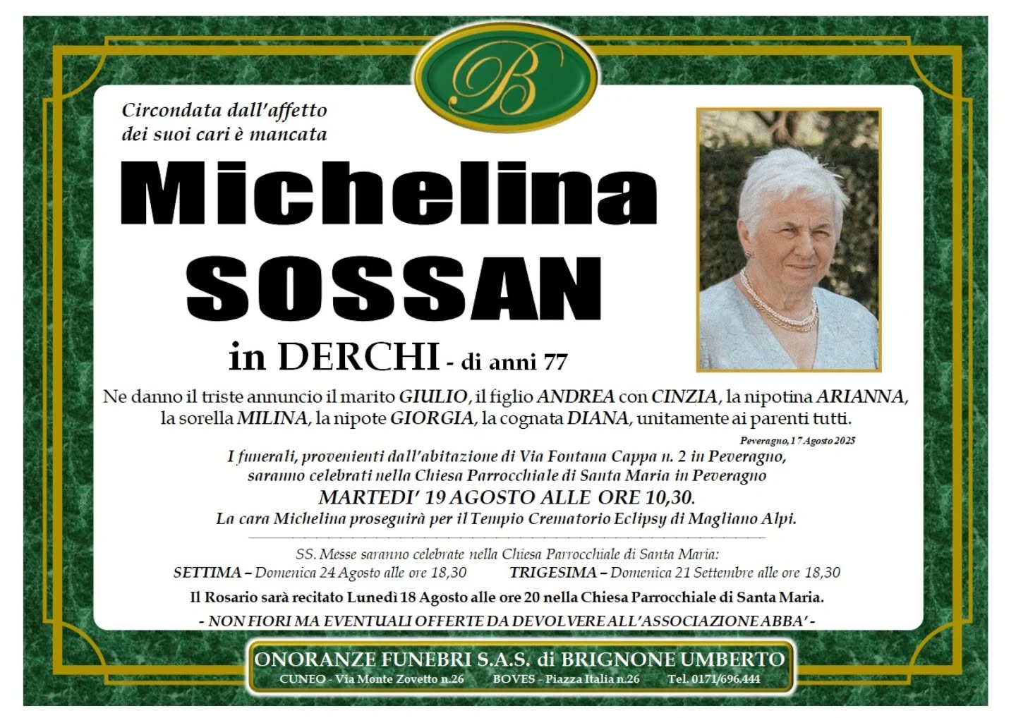 Manifesto funebre di Michelina Sossan