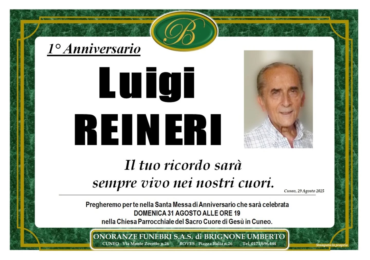 Manifesto funebre di Luigi Reineri