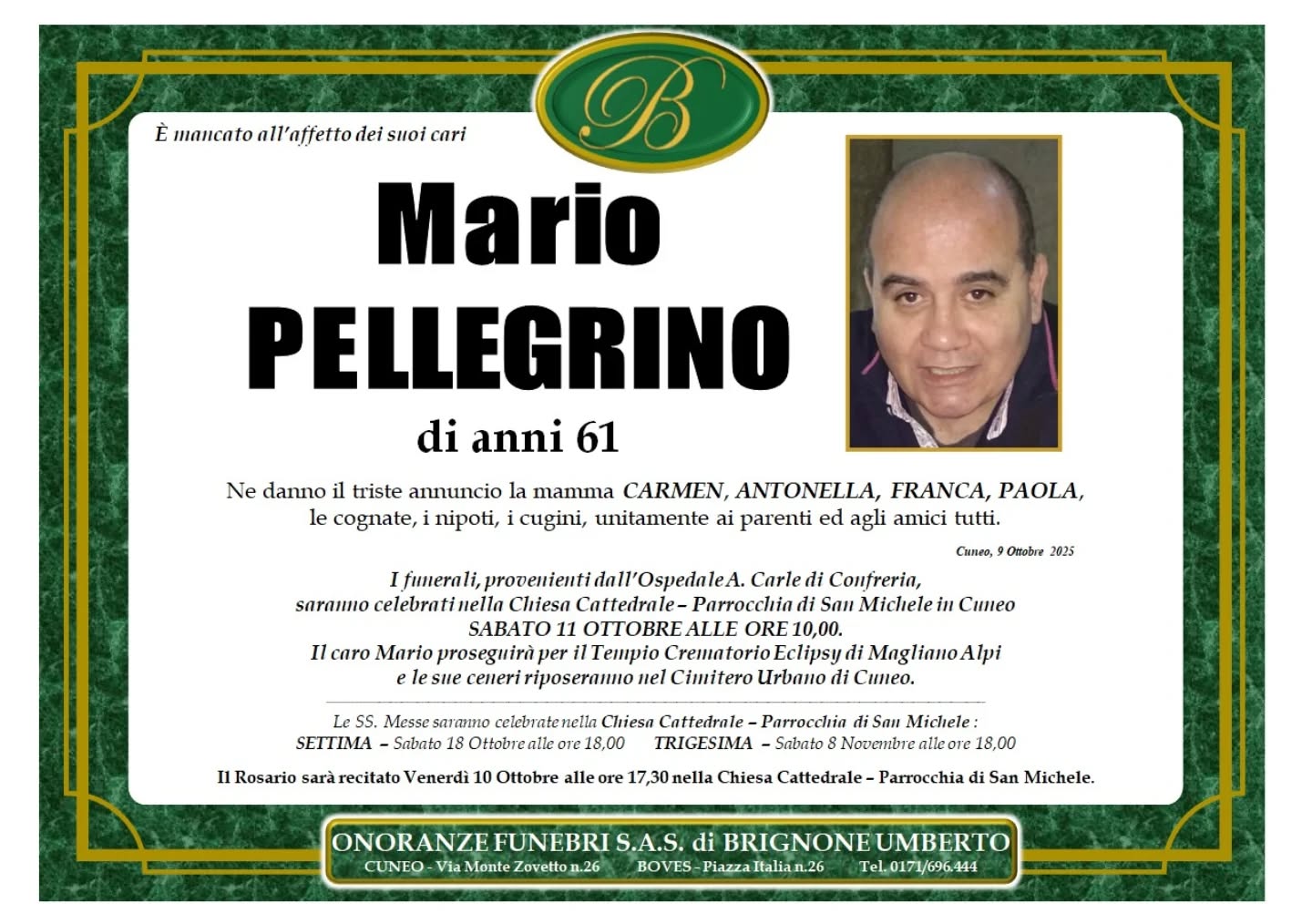 Manifesto funebre di Mario Pellegrino