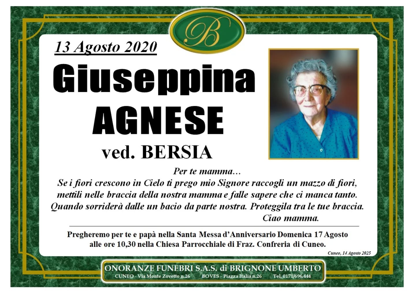 Manifesto funebre di Giuseppina Agnese