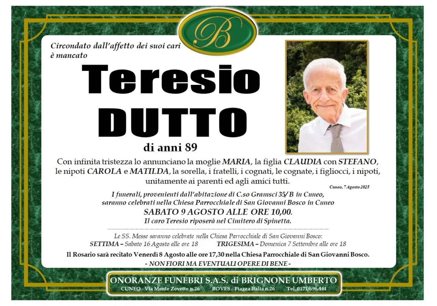 Manifesto funebre di Teresio Dutto