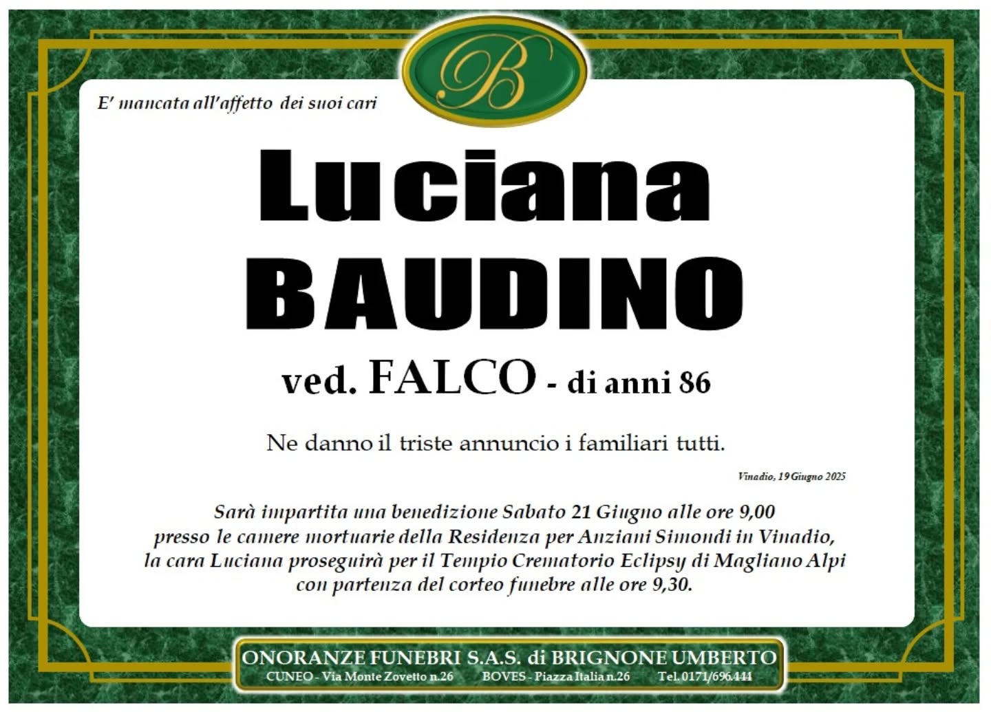 Manifesto funebre di Luciana Baudino