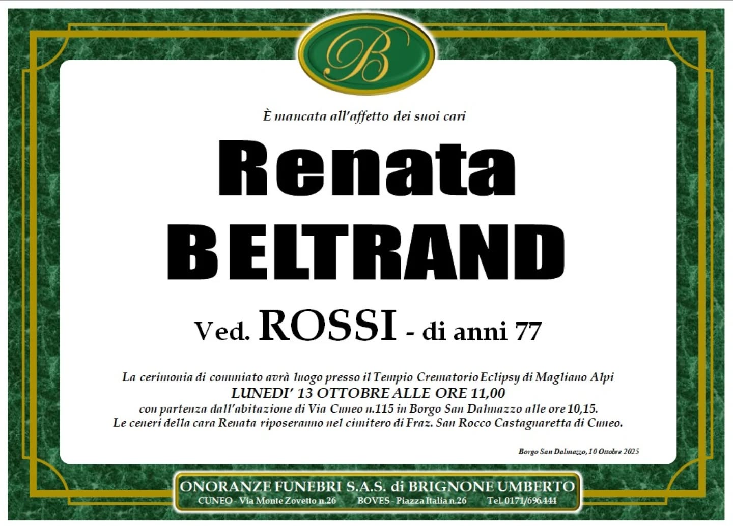 Manifesto funebre di Renata Beltrand