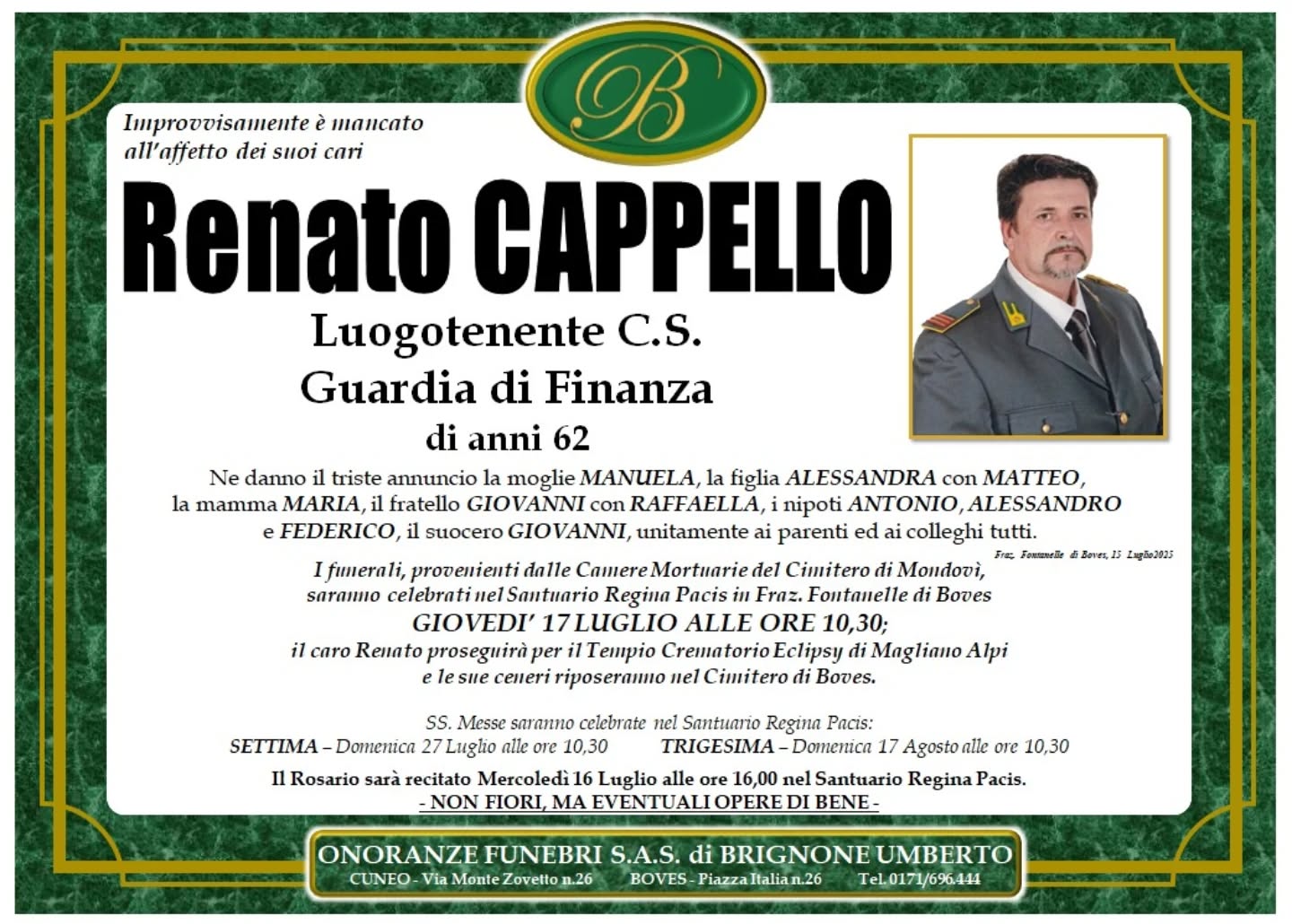 Manifesto funebre di Renato Cappello