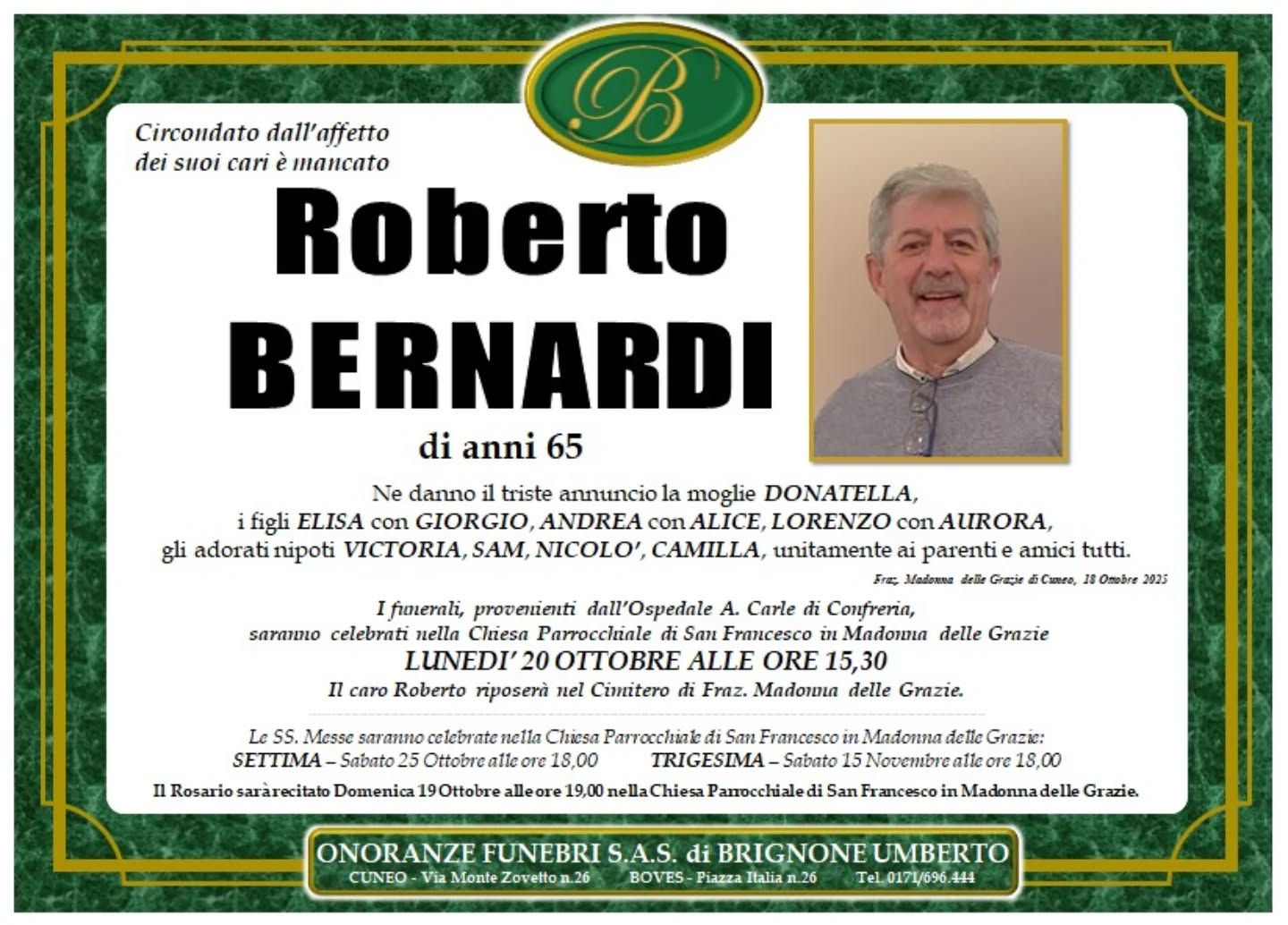 Manifesto funebre di Roberto Bernardi