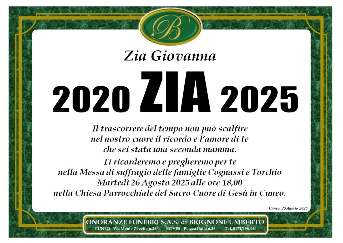 Manifesto funebre di Zia Giovanna