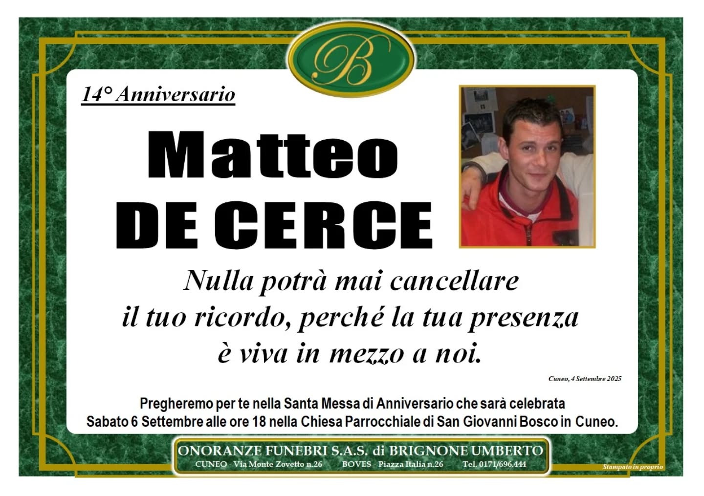 Manifesto funebre di Matteo De Cerce