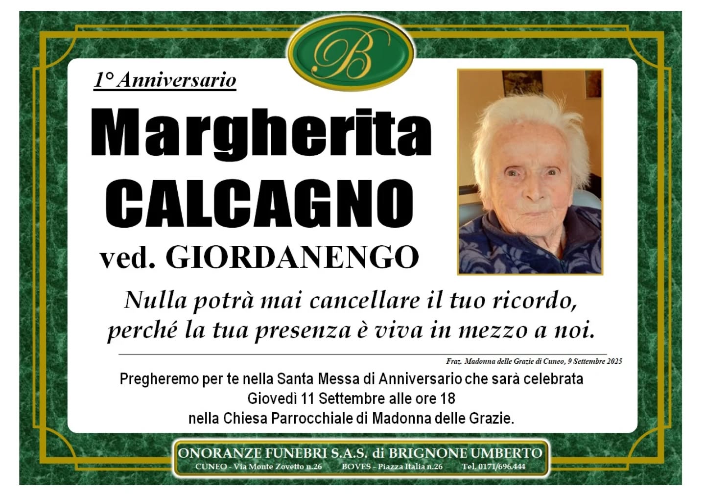 Manifesto funebre di Margherita Calcagno