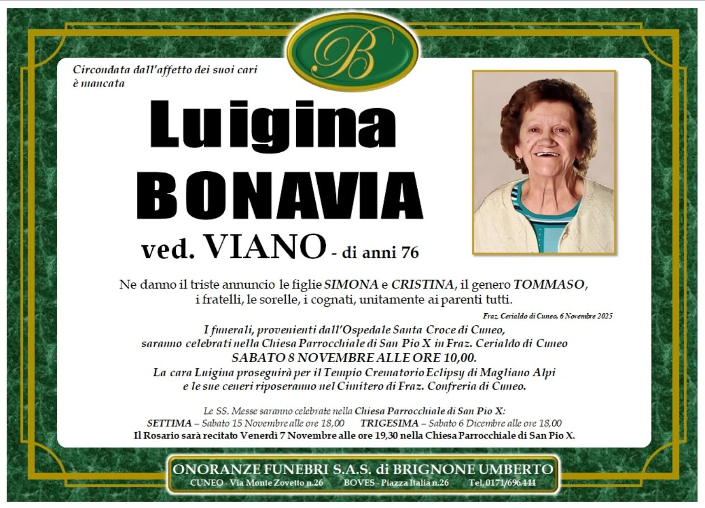 Manifesto funebre di Luigina Bonavia