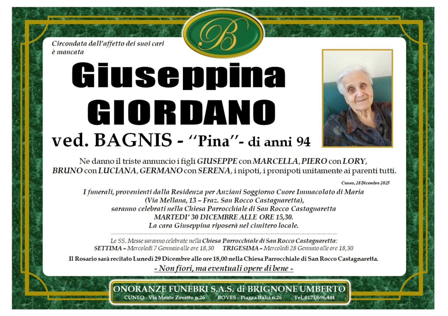 Manifesto funebre di Giuseppina Giordano