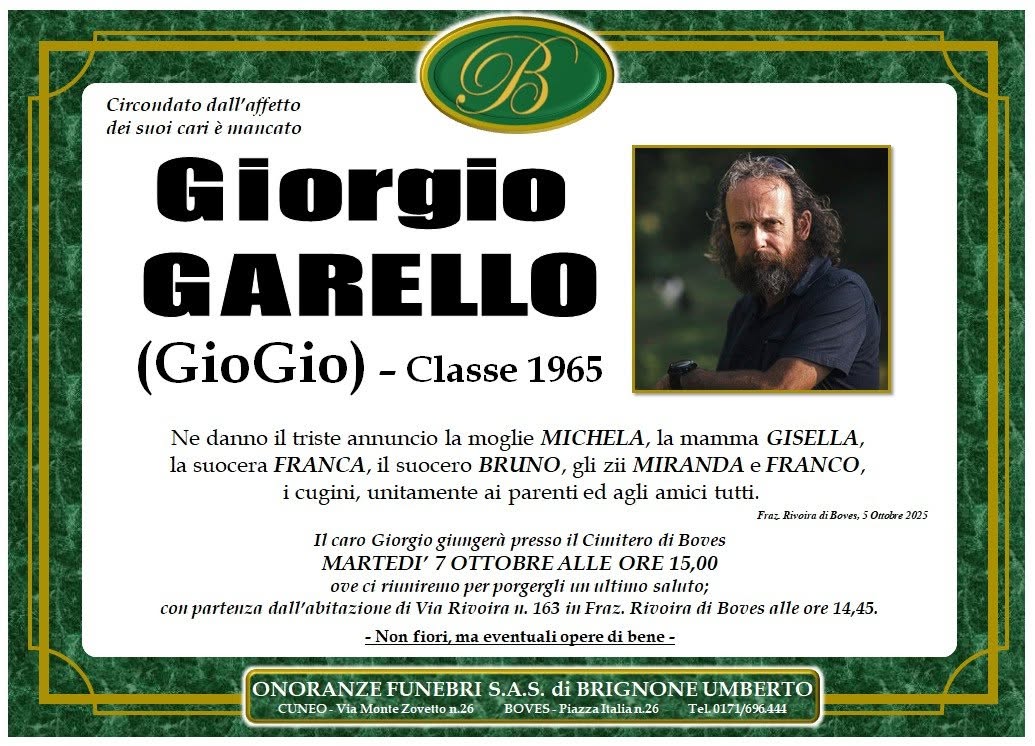 Manifesto funebre di Giorgio Garello