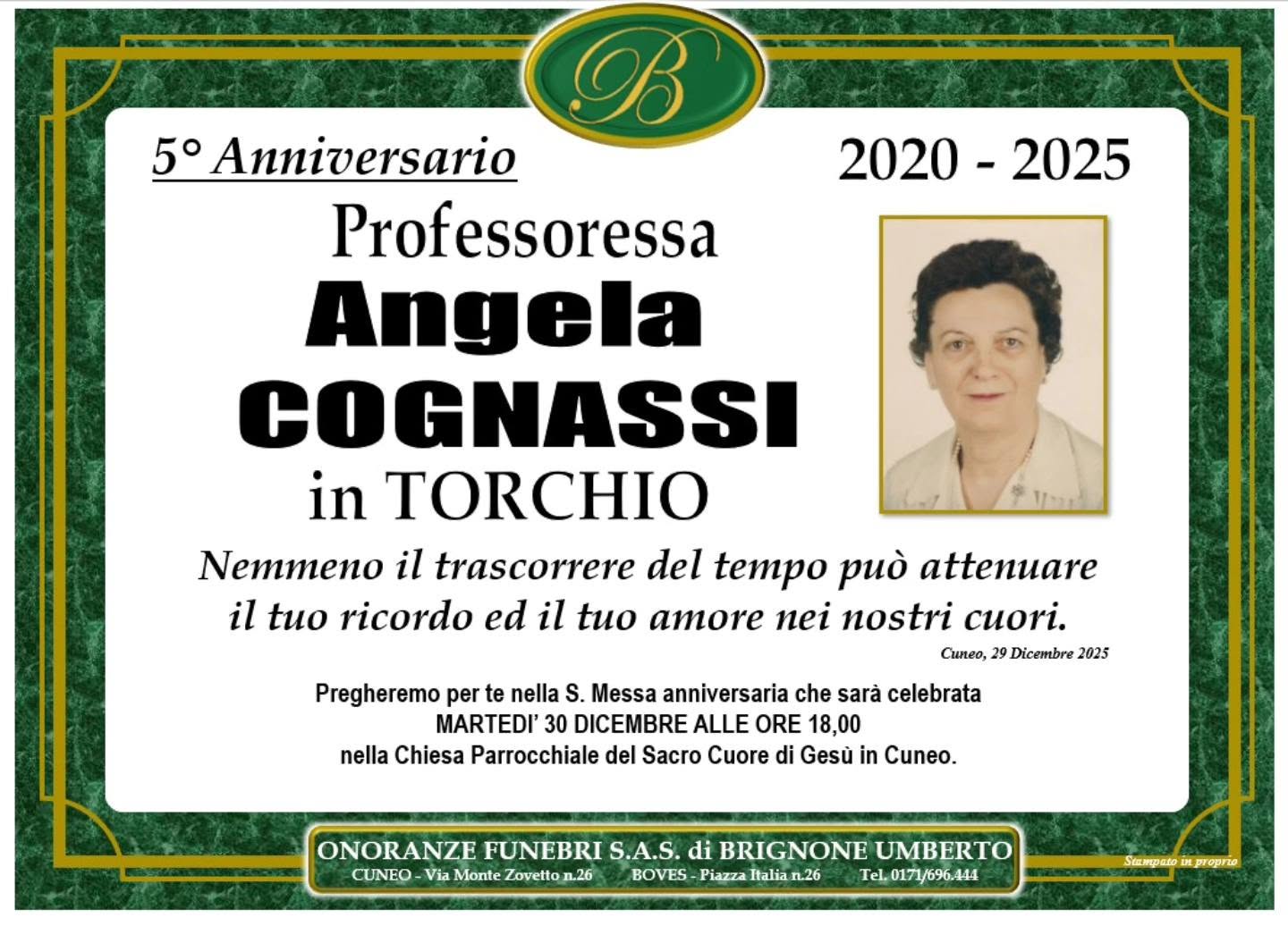 Manifesto funebre di Professoressa Angela Cognassi