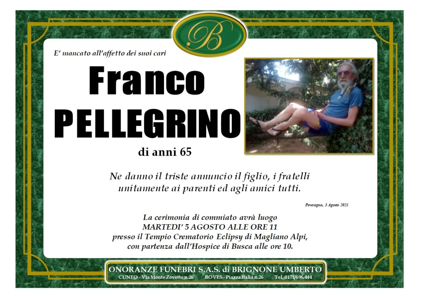 Manifesto funebre di Franco Pellegrino