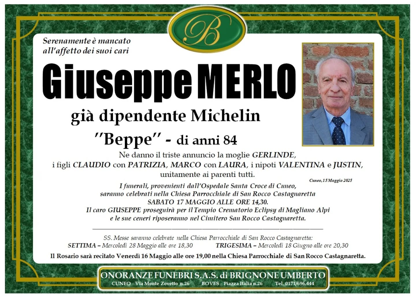 Manifesto funebre di Giuseppe Merlo