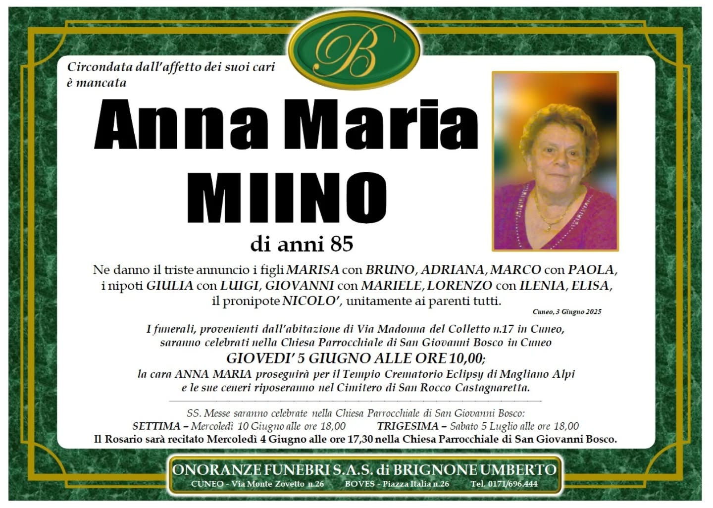 Manifesto funebre di Anna Maria Miino