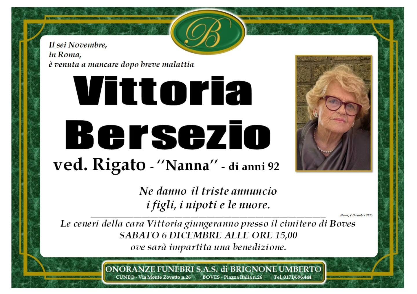 Manifesto funebre di Vittoria Bersezio Rigato