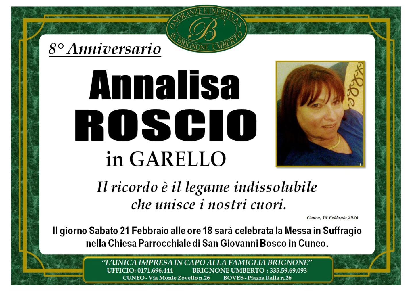 Manifesto funebre di Annalisa Roscio