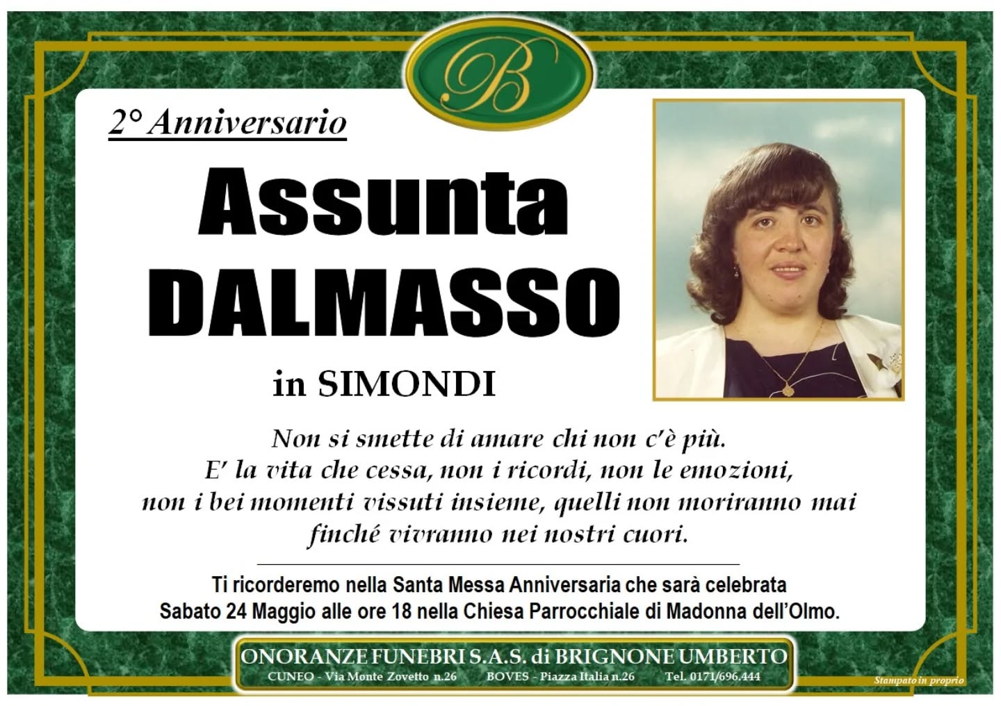 Manifesto funebre di Assunta Dalmasso