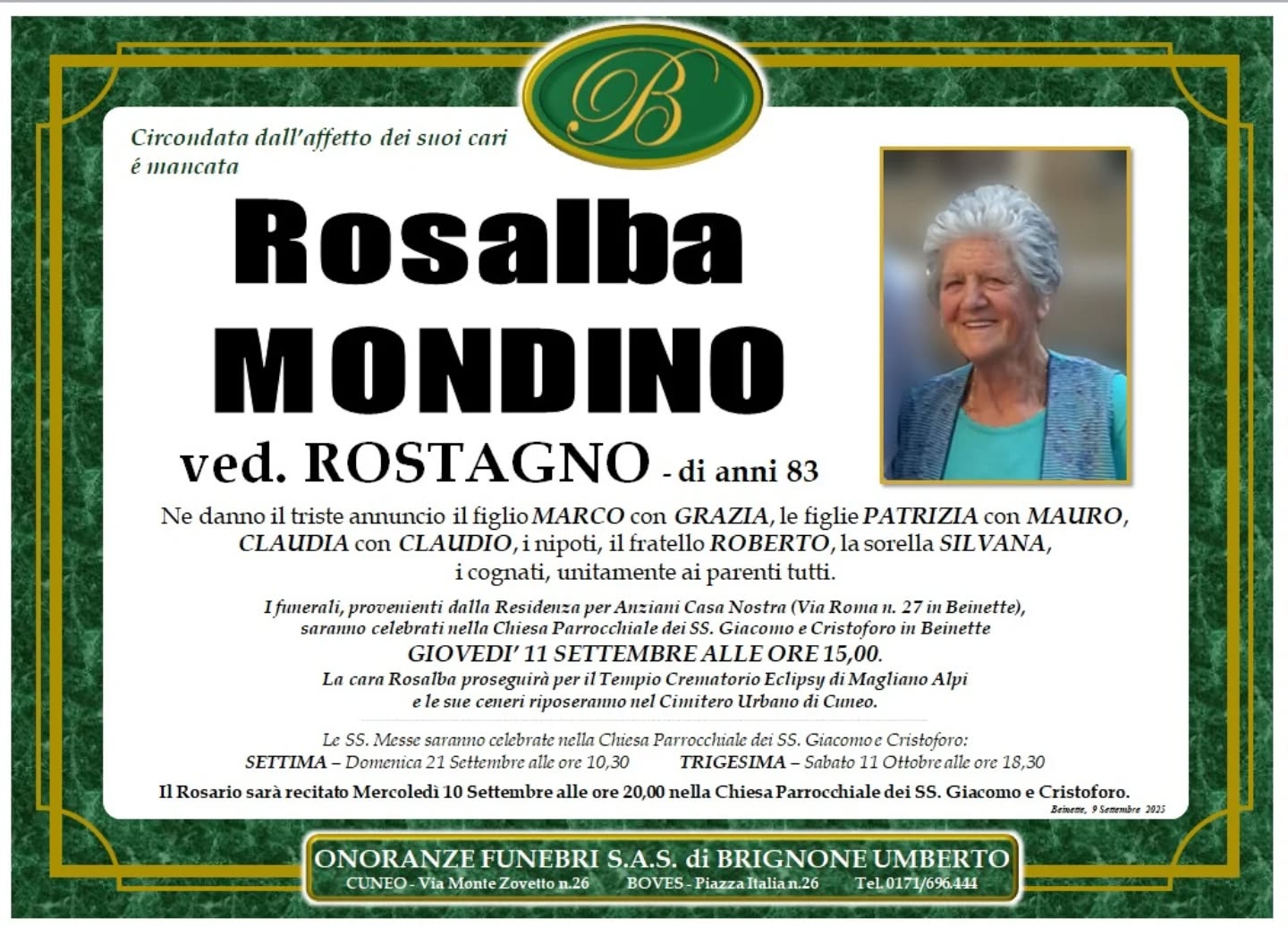 Manifesto funebre di Rosalba Mondino