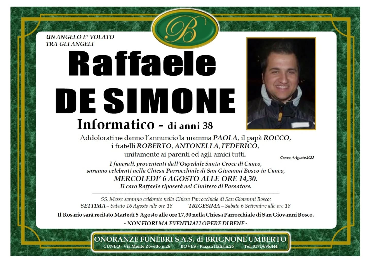 Manifesto funebre di Raffaele De Simone