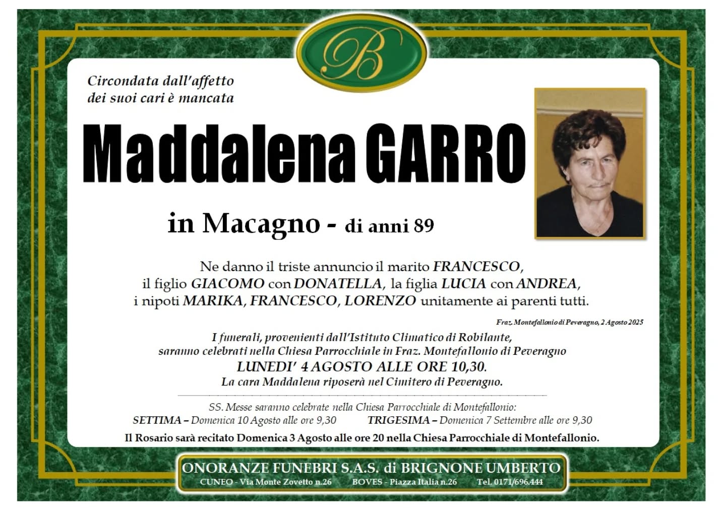 Manifesto funebre di Maddalena Garro Macagno