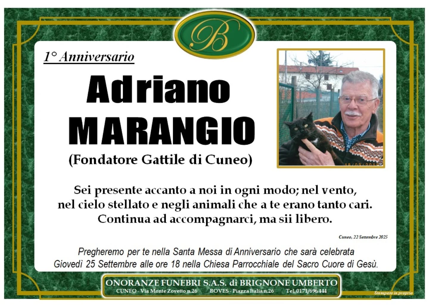Manifesto funebre di Adriano Marangio