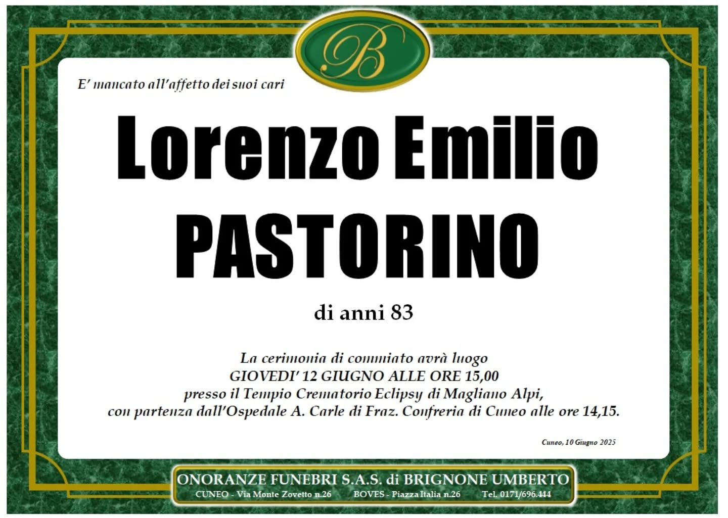 Manifesto funebre di Lorenzo Emilio Pastorino