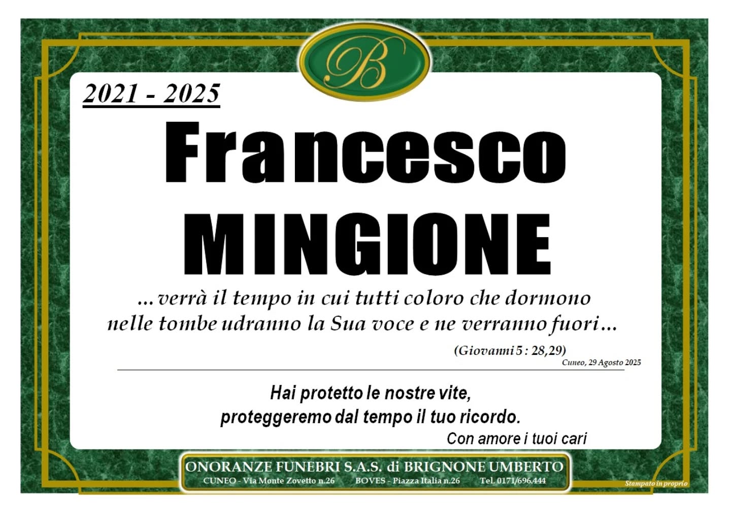 Manifesto funebre di Francesco Mingione