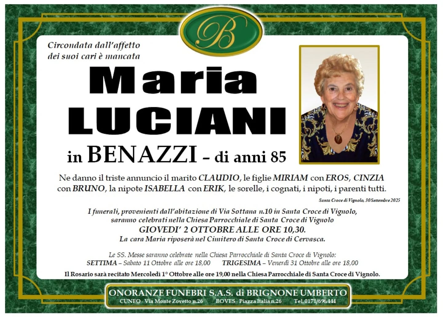 Manifesto funebre di Maria Luciani