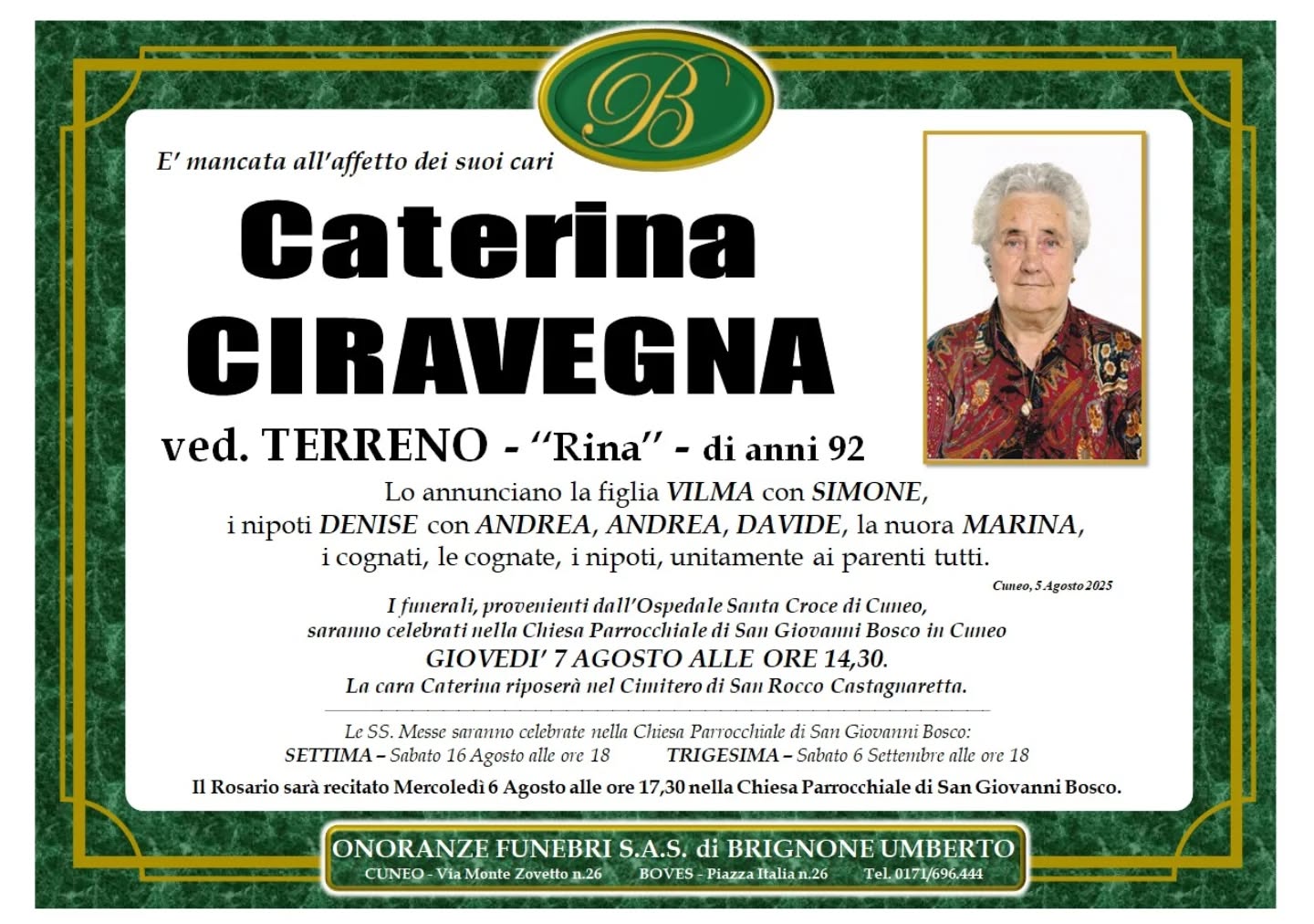 Manifesto funebre di Caterina Ciravegna